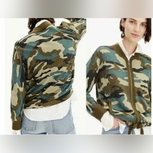 J. Crew Knit Camo Print Zip Front Bomber Jacket Olive Green Women’s Medium - Picture 2 of 11
